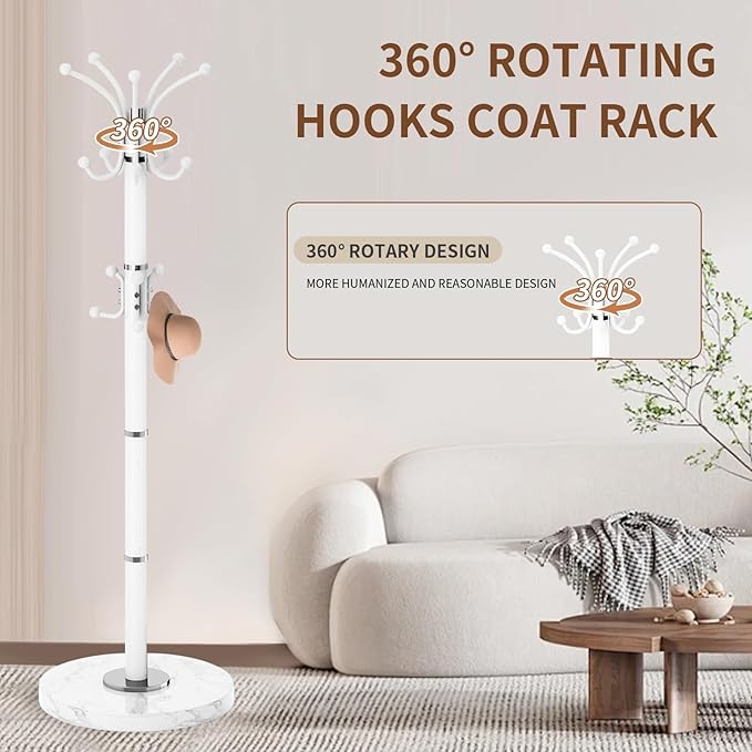 Modern Metal Coat Rack Stand, 360°Rotary Coat Rack Freestanding with Natural Marble Base, White Sturdy Coat Racks with 16 Hooks, Coat Racks Hall Tree Stand for Entryway (White)