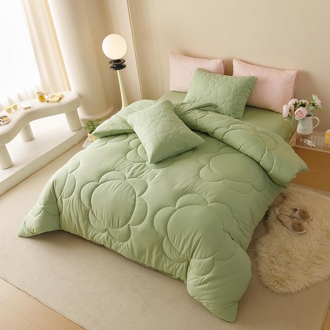 Luxlovery Sage Comforter Set Queen Sunflower Light Green Bedding Comforter Set Queen Size Boho Botanical Big Flowers Quilts Farmhouse Grass Green Comforter for Women Men