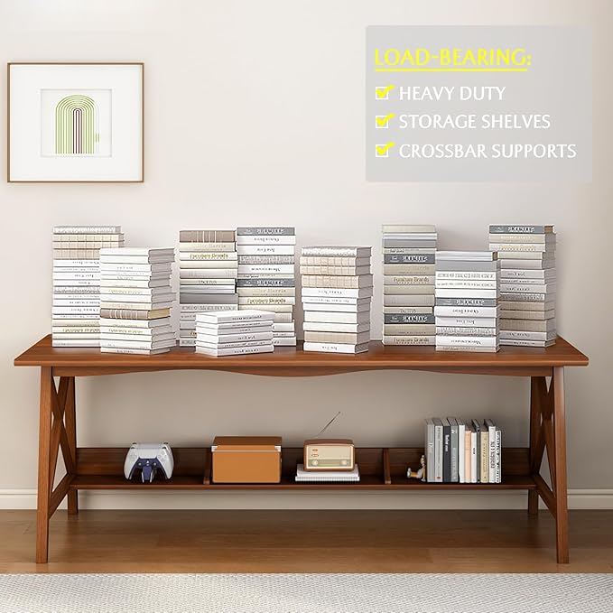 Extra Long Desk with Bookshelf - Wooden Home Office Work Study Table, 2-Person Writing Computer Workstation with Storage Shelf in Oak, 63" Wx24 Dx30 H