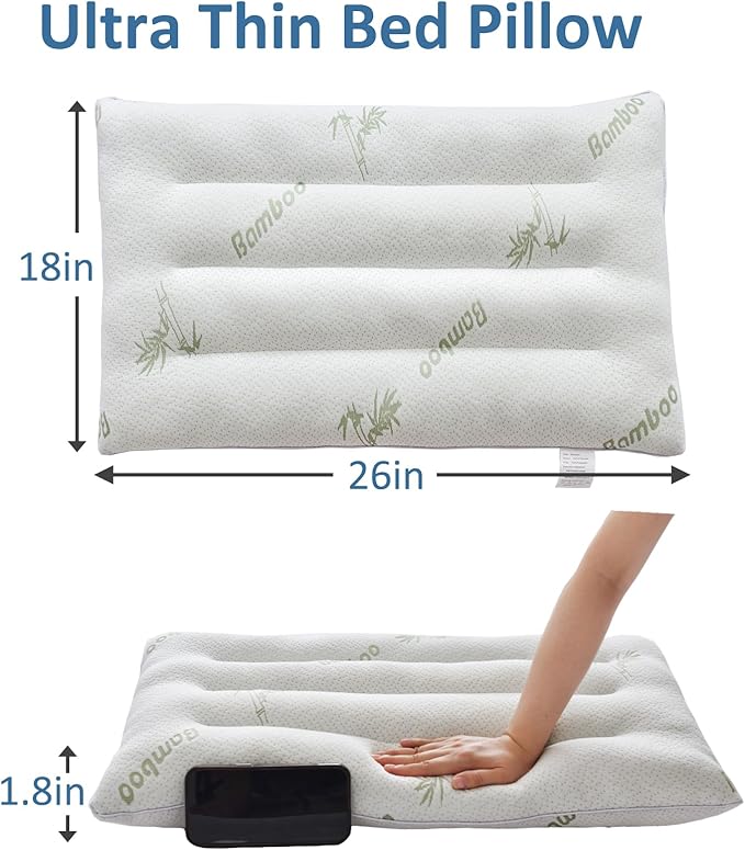 SWTMERRY Ultra Thin Pillows 2 Pack for Sleeping, Flat Pillows for Stomach & Side Sleepers, Rayon Derived from Bamboo, 7D High Support 2.5 inch Height Slim Bed Pillow