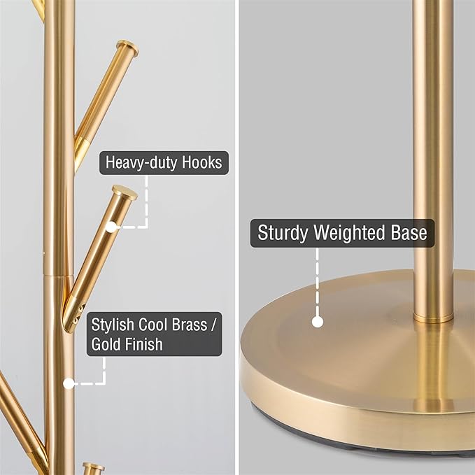 Kira Home Addison 68" Modern 6 Hook Free Standing Metal Coat Rack, Weighted Base, Cool Brass Finish