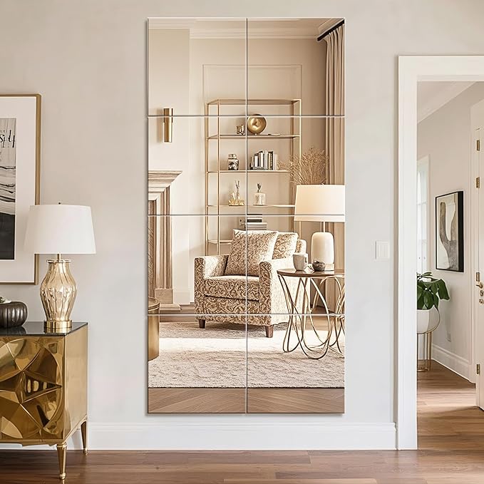 12" x 12" 8Pcs Full Length Wall Mirror Tiles, Frameless Wall Mounted Mirror Glass Wall Mirror for Home Gym, Door, Bedroom, Living Room