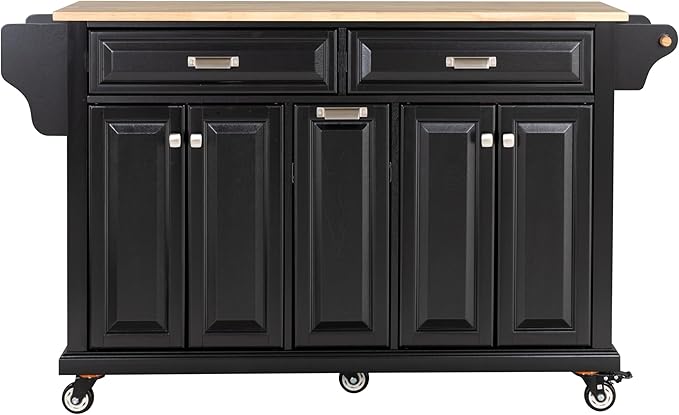 Rolling Solid Wood Kitchen Island with Rubberwood Top, 3 Drawers, 2 Cabinets, Adjustable Shelves, Spice Rack & Locking Wheels – Painted Finish, Black