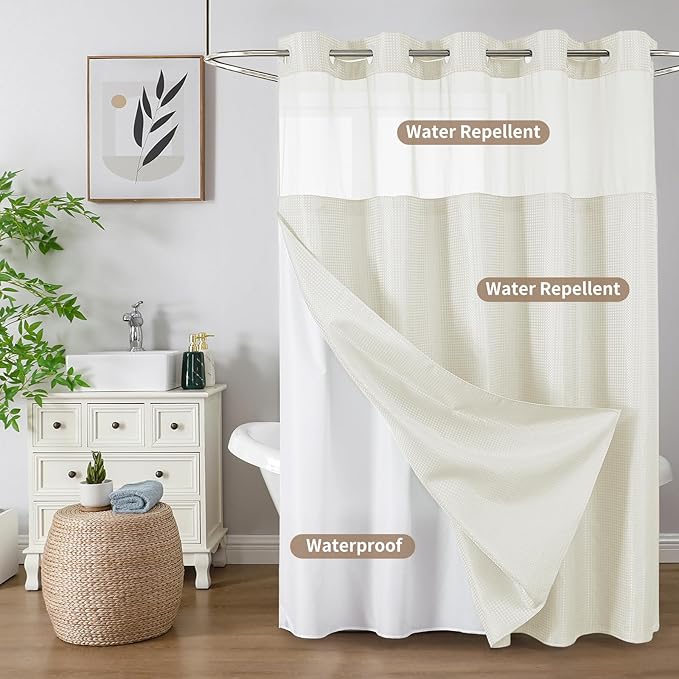 Colorful Star No Hook Shower Curtain with Snap in Fabric Liner, Waffle Weave Heavy Duty Thick Shower Curtains with Mesh Top Window, Hotel Style Waterproof Bathroom Curtain Set, 72 x 75 Inch, Ivory