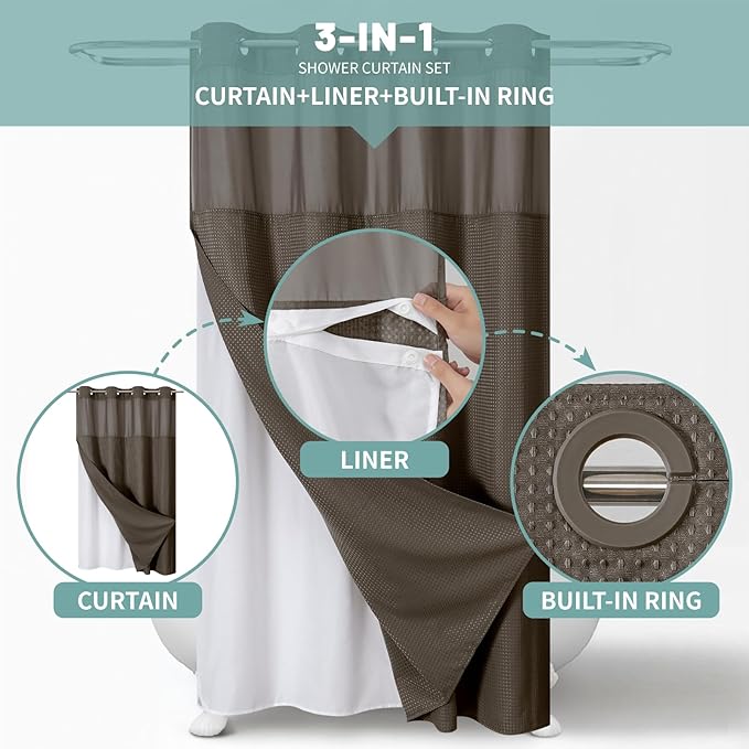 Brown No Hook Waffle Weave Shower Curtain with snap-in Liner Replacement, 230GSM Waterproof Fabric Hotel Shower Curtain Set for Bathroom, Through Mesh Top Window,54Wx80H