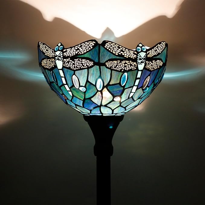 Tiffany Floor Lamp Torchiere Stained Glass Torch Lamp 12X12X67 Inch Antique Standing Corner Light (Dark Blue Dragonfly)
