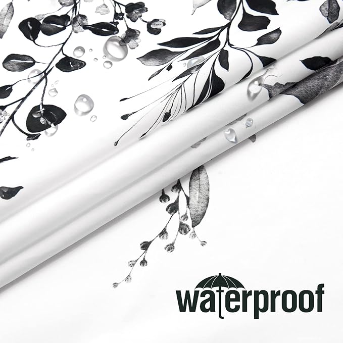 Gibelle Long Shower Curtain 72 x 78, Black and White Floral Shower Curtain, Watercolor Plant Eucalyptus Leaves Fabric Shower Curtain Set with Hooks