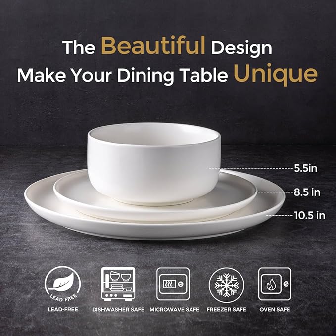 LERATIO Stoneware Dinnerware Sets for 4,Handcarft Ceramic Plates and Bowls Sets,Chip and Scratch Resistant Dishes, Dishwasher & Microwave Safe, Oven safe,Reactive Glaze-White