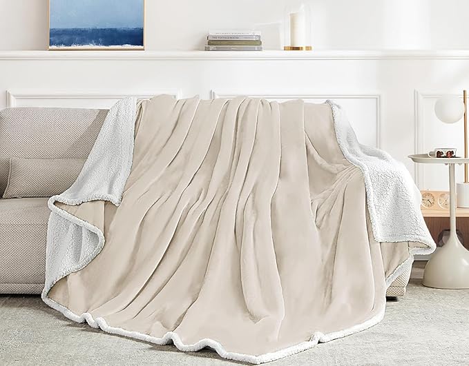 Beautex Sherpa Fleece Throw Blanket Twin Size for Couch - Thick and Warm Blanket for Winter, Fluffy Flannel Plush Twin Blanket, Fuzzy Beige Cuddle Blankets for Couch Bed Sofa (60" x 80", Beige)