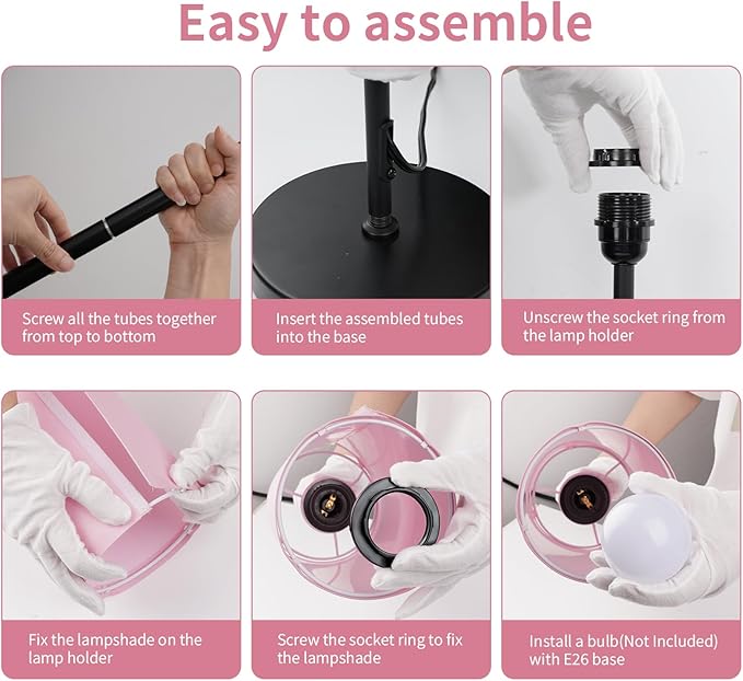 FRIDEKO HOME Floor Lamp with Pink Shade, Simple Design with Foot Pedal Switch, Small Tall Lamps for Living Room Bedroom Office, Corner Floor Stand Light with Black Pole Lamp (No Bulb/No Remote)