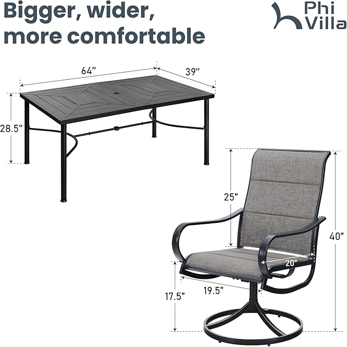 PHI VILLA 7 Piece Patio Dining Set, Outdoor Table and Chairs Furniture Dining Set with 6 Outdoor Swivel Dining Chairs and 1 Large Metal Table, Patio Set for Lawn Garden Deck, Padded Textilene