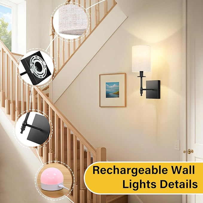 14.5 inch Battery Operated Wall Sconces Set of 2 with Remote, Rechargeable Wireless Wall Lights with Beige Fabric Shade, Indoor Not Hardwired Dimmable for Bedroom Living Room Decor