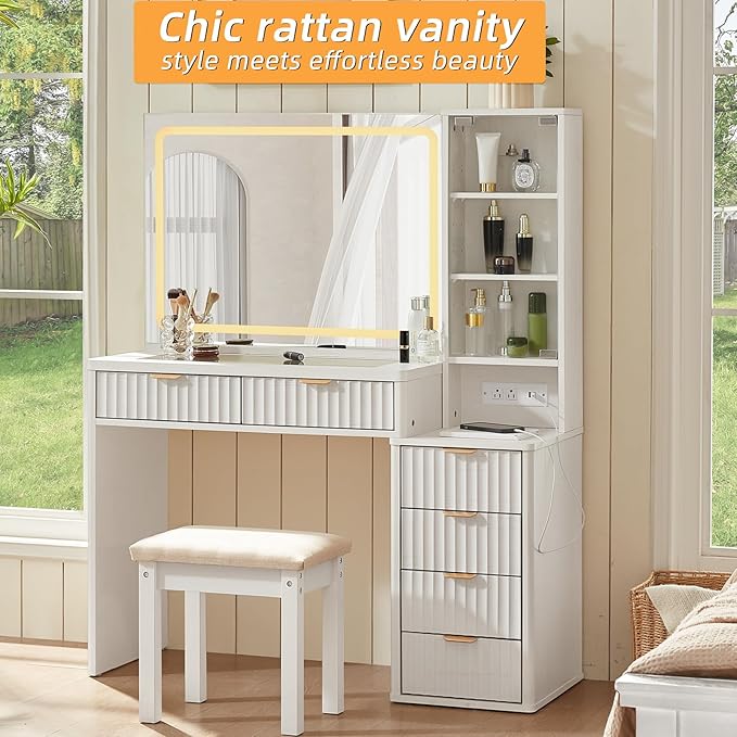 LEYAOYAO Fluted Makeup Vanity Desk with Mirror and Lights, 43.5'' White Vanity Table with Glass Top and Power Outlet, Make Up Vanity with 6 Drawers and Adjustable Shelves for Bedroom