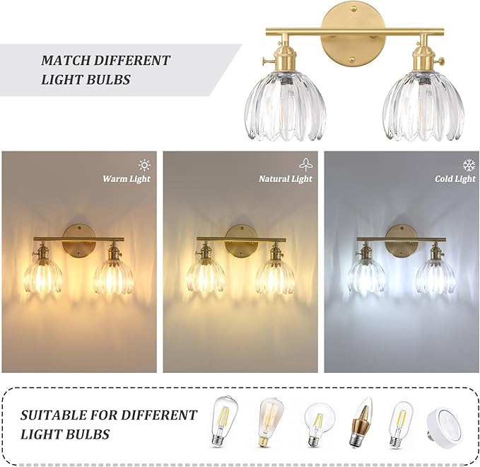 Bathroom Light Fixtures, 2-Light Brass Vanity Wall Light Over Mirror with Clear Tulip Glass Shade for Bedroom Living Room