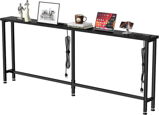 GRLEAF 70" Sofa Table with Built-in Power Strip (4 AC Outlets & 4 USB Ports) – 4.9ft Power Cord, Metal Frame, Easy Assembly, Long Couch Table Behind Sofa, Hallway, Living Room and Home Office | Black