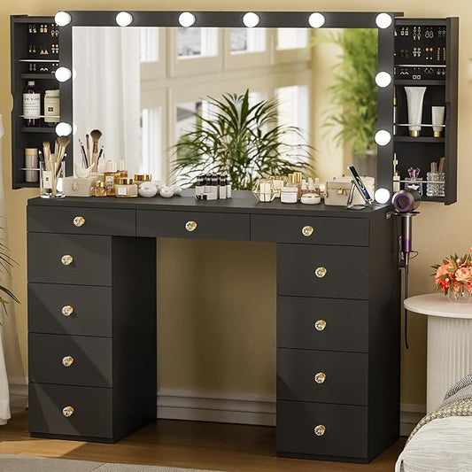 Likein Vanity Desk with Mirror and Lights, Black Vanity with Hidden Jewelry Storage Cabinet, Charging Station, 11 Drawers Makeup Vanity with Lights, Crystal Knobs, 3 Color Lighting Modes for Girls