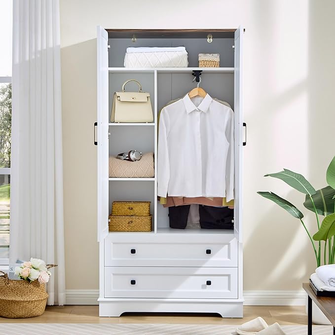 SOOWERY Dresser for Bedroom, Farmhouse Dresser with 2 Wooden Drawers and Storage Cabinets, 71 Inches Tall Chest of Drawers for Bedroom, Living Room, Hallway, White