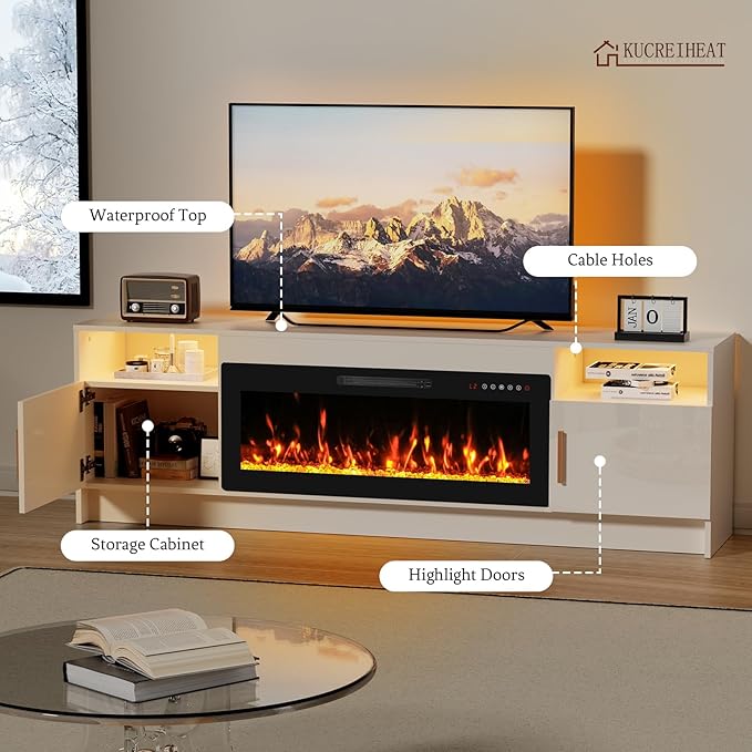 70'' TV Stand with Fireplace-White Entertainment Center for 75+ inch TV- TV Cabinet with LED Light, Storage, High Glossy Door, Modern TV Console for Living Room