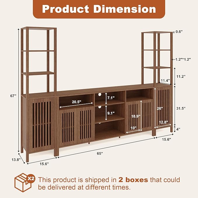 Entertainment Center with Bookshelves, Farmhouse TV Stand for 70 Inch TVs, TV Stands for Living Room w/Adjustable Shelves & Storage Cabinet, Modern Console Cabinet for Bedroom Home Theater