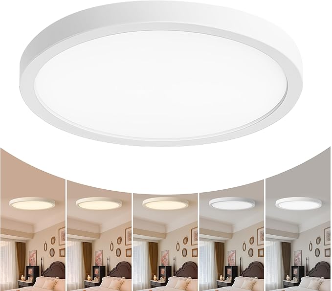 12 Inch Flush Mount Ceiling Light Fixture, 5CCT Adjustable LED Ceiling Light, Flicker-Free, Bedroom Ceiling Light, Dimmable Close to Ceiling Light – Ultra Thin, CRI90 – 1 Pack