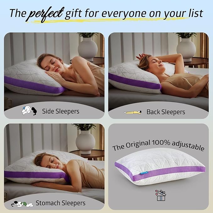 BETU Cooling Pillow King Size, Shredded Memory Foam Pillows for Hot Sleepers, Adjustable Firm Bed Pillows, Hotel Collection Side Sleeper Pillow for Back Pain, Neck, Purple, 20”x36”