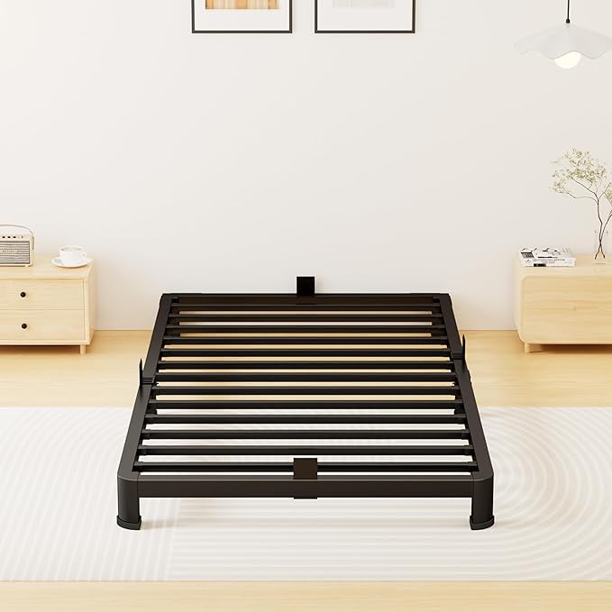 4 Inch Twin Bed Frame Low Profile, Heavy Duty Metal Platform Bed Frame with Round Corner Legs, Sturdy Mattress Foundation, No Box Spring Needed, Easy Assembly, Noise Free, Black