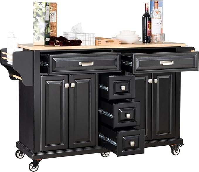 Generic 60.5"" Kitchen Island on Wheels, Rolling Island Table for Kitchen with Double Storage Cabinet and 5 Drawers, Portable Kitchen Cart with Rubber Wood Top, Black, Large
