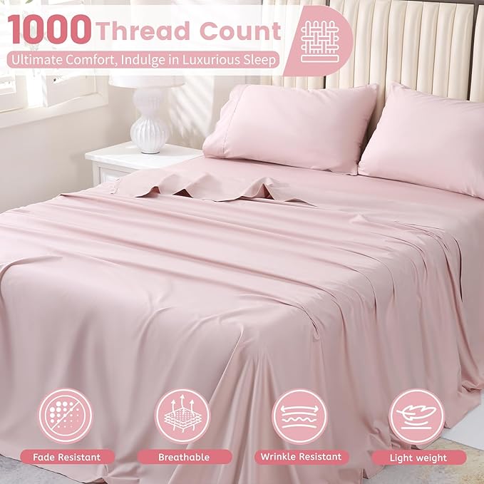 Bedlifes 1000 Thread Count 100% Egyptian Cotton California King Size Sheets Set - Sateen Soft Silky Breathable Luxury Cooling 4 Pieces (Light Pink)