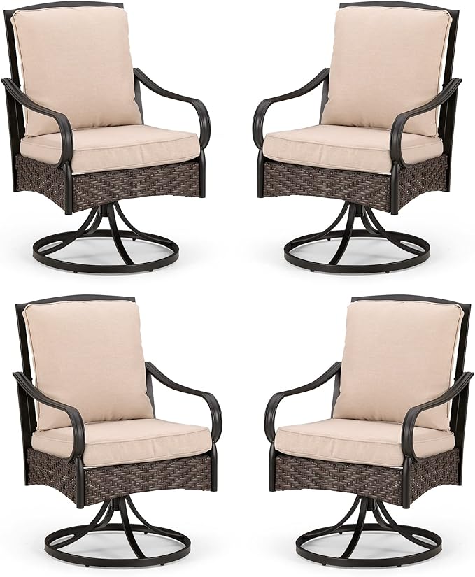 PHI VILLA Patio Swivel Chairs Set of 4, Heavy Duty Outdoor Metal Wicker Dining Chair with Thickened Cushions, Large All Weather Wrought Iron Deck Chair Lawn Furniture Support 300lbs