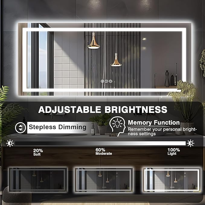 96"x36" Large LED Bathroom Mirror with Lights (Front and Backlit), Anti-Fog Lighted Mirror for Wall, Stepless Dimmable Lighted Mirror, 3 Colors Smart Mirror (Horizontal/Vertical)