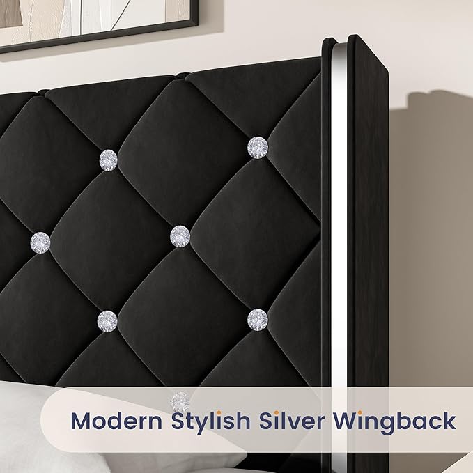 HOMBCK King Size Bed Frame Black, Velvet Upholstered Bed Frame King with Diamonds Tufted Headboard and Footboard, Wooden Slats Support, No Box Spring Needed, Easy Assembly, Black