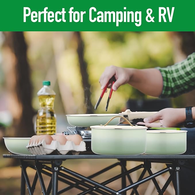 20pcs Ceramic Cookware Set Nonstick, Detachable Handle Pots and Pans Set, Non Toxic,No PFAS & PTFE & PFOA, Dishwasher/Oven Safe, RV Kitchen Set Removable Handle for Cooking, Green