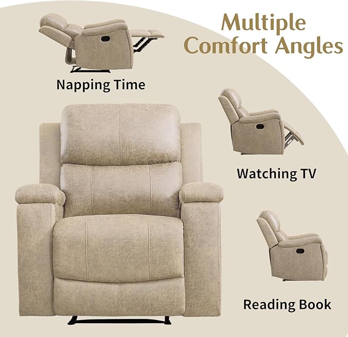 CANMOV Leather Recliner Chair, Classic and Traditional Manual Recliner Chair with Overstuffed Arms and Back, Manual Single Sofa with Concealed Cup Holders,Beige