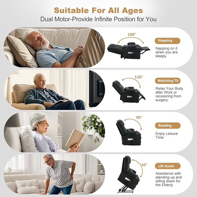 Large Dual Motor Power Lift Recliner Chair with Massage and Heat for Big Elderly People,USB & Type C Ports,Oversized Electric Lay Flat Recliners,Infinite Position,Side Pockets,Cup Holders(Grey)