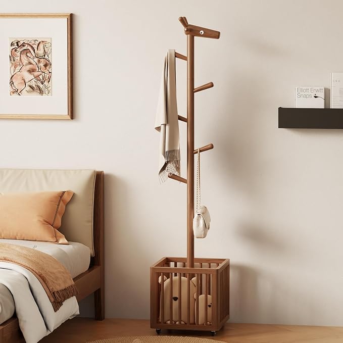 Coat tree freestanding heavy duty，Wooden coat rack freestanding for Entrance, Bedroom, Living room(Walnut)