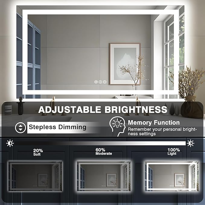 55"x30" LED Bathroom Mirrors for Wall, Front and Backlit Mirror, Anti-Fog Vanity Mirror with Lights, Stepless Dimmable Lighted Mirror, 3 Colors Smart Mirror (Horizontal/Vertical)