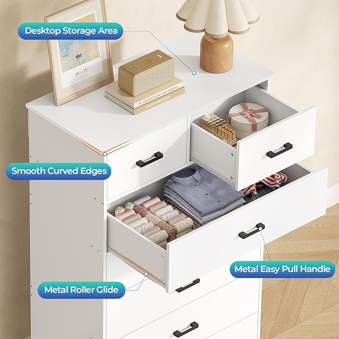 DICTAC White Dresser for Bedroom with 7 Drawers, 55.7" Tall Dressers Chest of Drawers, Modern Large Wood Storage Dresser Organizer with Metal Handle, Vertical Dressers for Bedroom Living Room Nursery