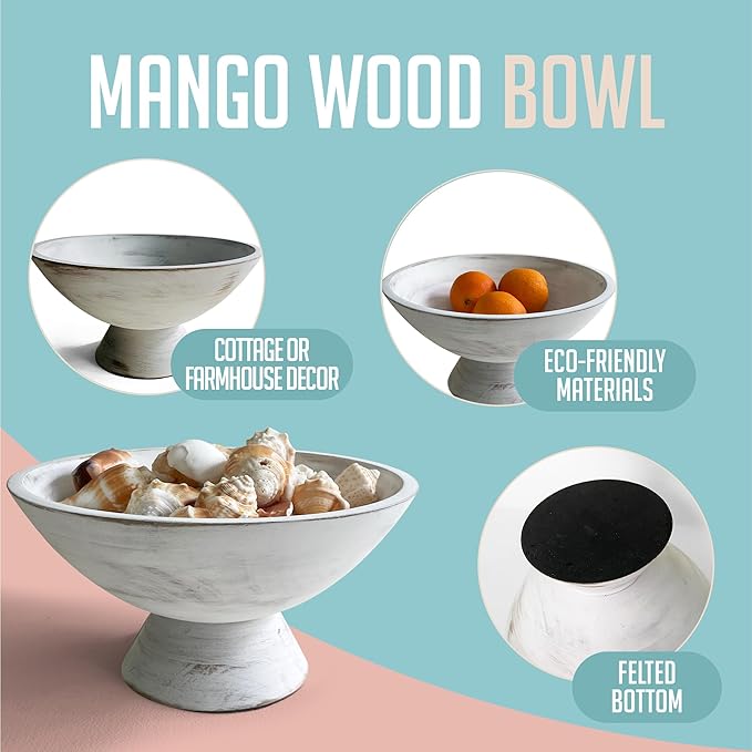 Whitewash Pedestal Bowl - 10 Inch, Wide Whitewash Footed Bowl as Fruit, Key, Decorative, Candy Holder or Centerpiece, Wooden Bowl Decorative for Kitchen, Dining Table & Home Accessories
