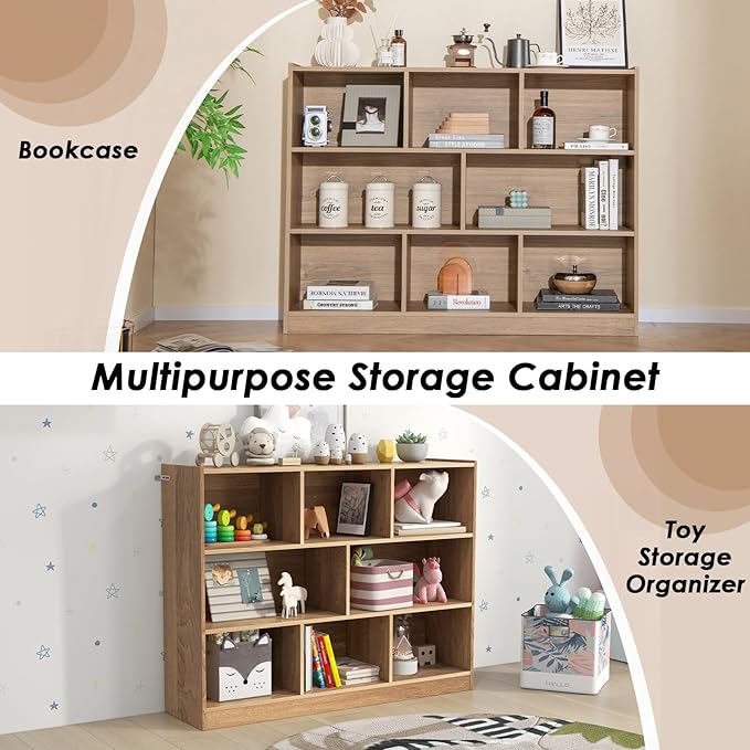 Toy Storage Organizer, 3-Tier Kids Bookshelf, 8 Cube Kids' Bookcases, Cabinets & Shelves, Wooden Toy Organizers, Small Book Shelf for Bedroom, Playroom, Classroom, Nursery (Natural)