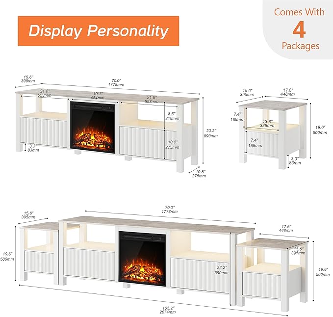 Wampat Fireplace TV Stand for TVs up to 100 Inch, Modern Entertainment Center with 8 Cubby Storage for Living Room, White