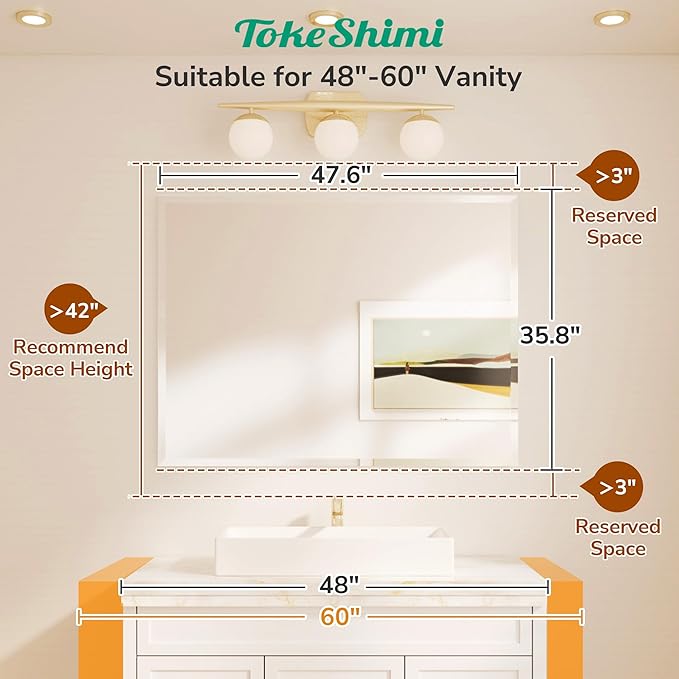 TokeShimi 48x36 Frameless Bathroom Mirror for Over Sink with 1" Beveled Edge, Tempered Bathroom Vanity Mirror Beveled, Shatterproof Rectangle Mirrored Wall Mounted for Living Room, Entryway