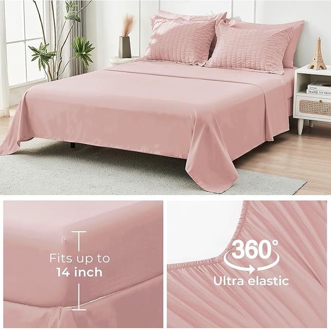 HYMOKEGE Rose Gold King Size Comforter Set Seersucker 7 Pieces, All Season Luxury Bed in a Bag for Bedroom, Bedding Set with Comforters, Sheets, Pillowcases & Shams