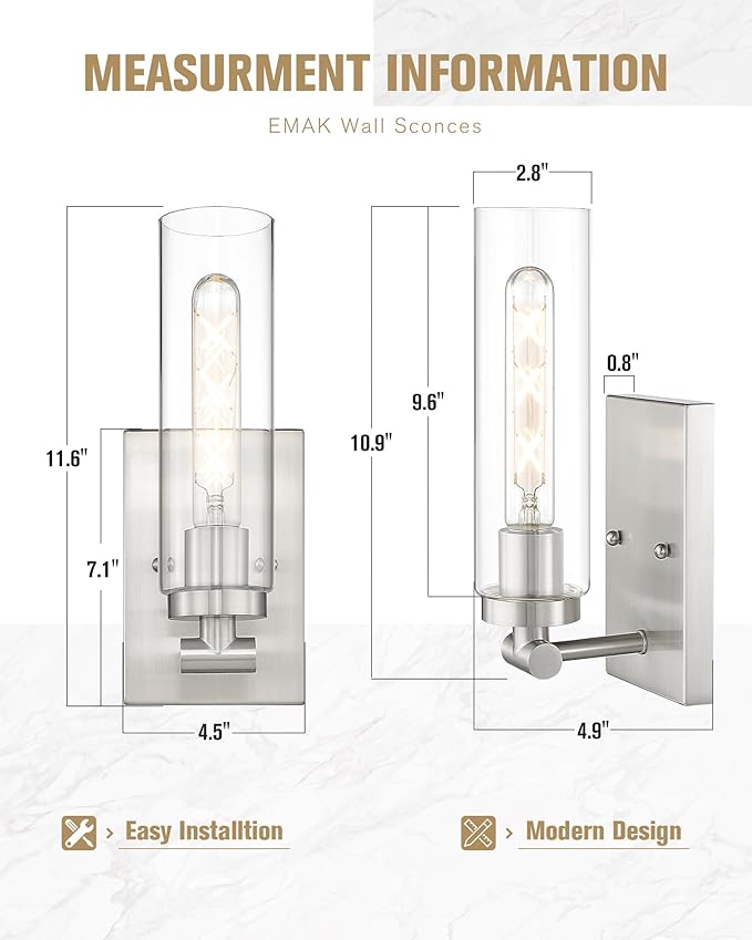 Emak Modern Wall Lights, Brushed Nickel Sconces with Clear Glass Shade, 2 Light Bathroom Vanity Light for Bathroom, Mirror, Living Room, Bedroom, Gallery, WS086-BN-CG-2PK