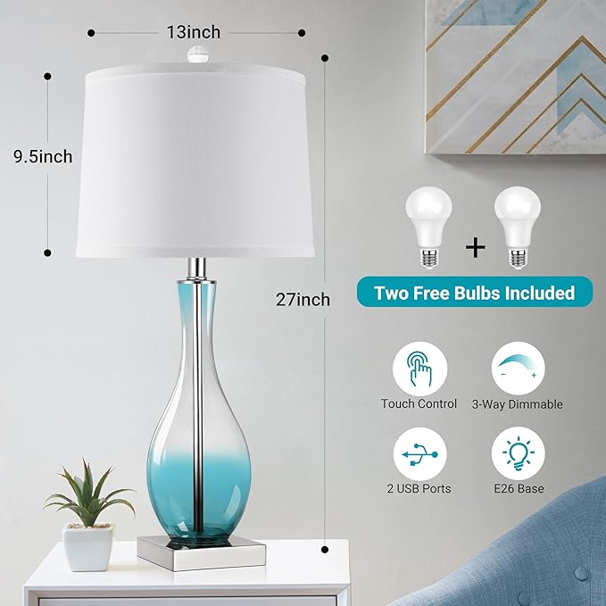 WIHTU Table Lamps Set of 2 with Touch Control, 27" Bedside Desk Lamps for Nightstand Decorations, 3-Way Dimmable Modern Glass Table lamp with USB C and A Charging Ports, Blue (LED Bulbs Included)