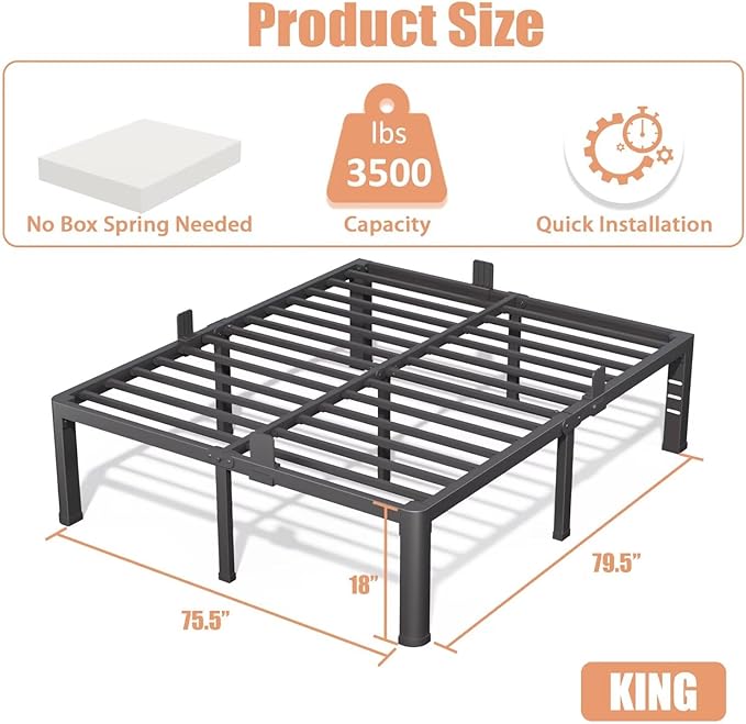 18 Inch King Bed Frame with Rounded Corner and Headboard Hole Mattress Retainers 3500 lbs Heavy Duty Support Metal Platform Bed Frame Noise Free No Box Spring Needed Easy Assembly