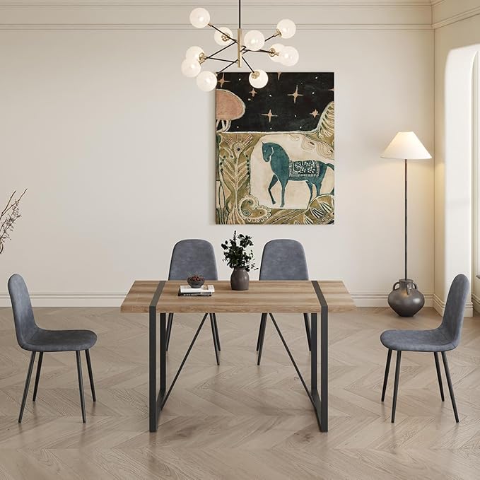 4 Chair Dining Table Set，Dinner Table Set for 4，55'' Kitchen Table and Suede Nap Fabic Chairs Set of 4, 5 Piece Dining Table Set for Kitchen Dining Room