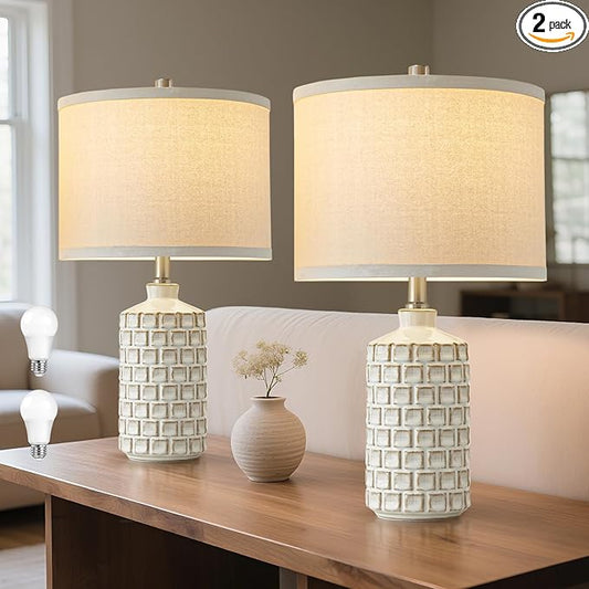 Luvkczc Vintage Farmhouse Table Lamp Set of 2, Grid Nightstand Lamp with Eye-Protecting Fabric Shade, 3-Color Temperature&2 Bulbs - Rustic Table Lamp Lamps for Living Room Bedroom Decor (21")