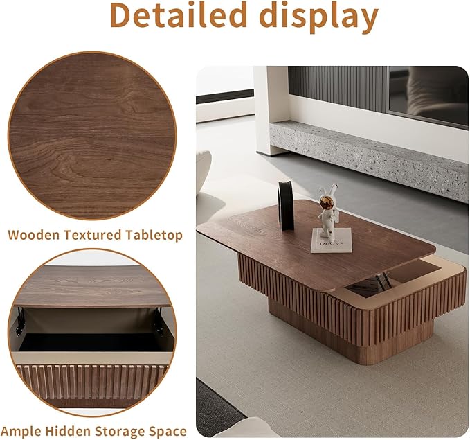 Lift Top Coffee Table for Living Room, Accent Fluted Coffee Table with Storage, Modern Solid Wood Veneered Rectangle Center Tea Table for Small Space Apartment (38.6''D×14''H-Walnut)
