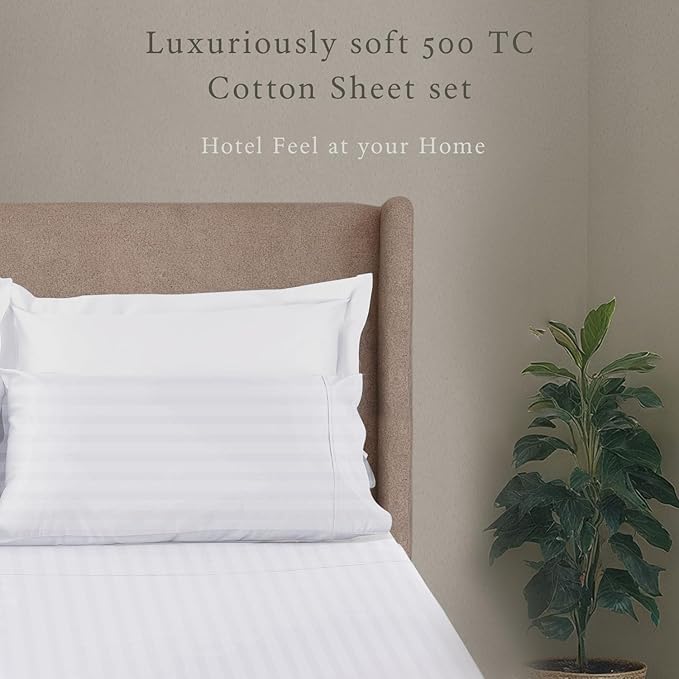 Threadmill 500 Thread Count Twin Size Damask Stripe, 3 Pc Luxury Cotton Bedding Set, Breathable & Soft Stripe Hotel White Sheets with 15" Elasticized Deep Pocket, 1 Pillowcase & Free Tote Bag