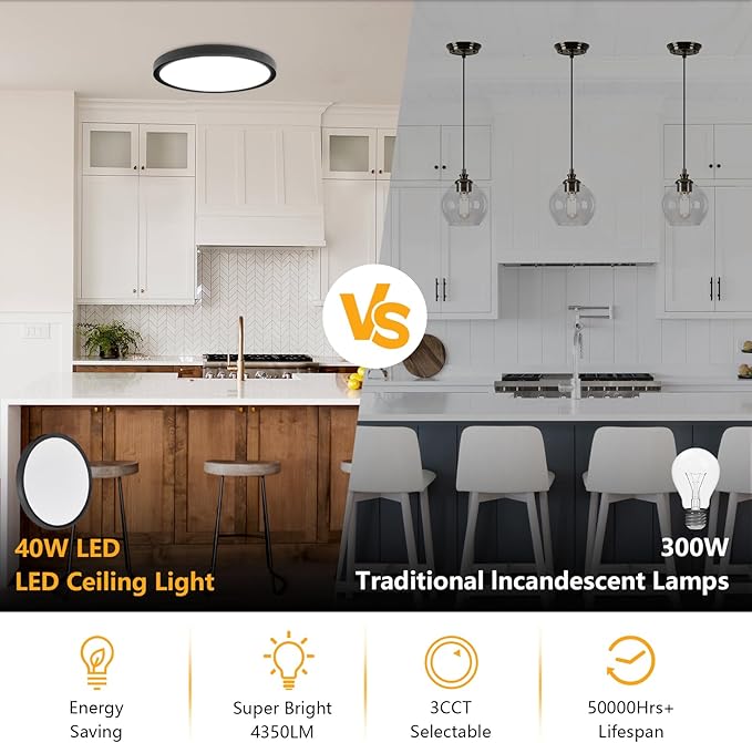 Led Flush Mount Ceiling Light,20 Inch 40w 4350lm,3000k/4000k/6000k 3CCT Selectable, Round Modern Flat Panel Super Slim Led Ceiling Light,for Living Dining Kitchen Bedroom Room(1Pack-Black)